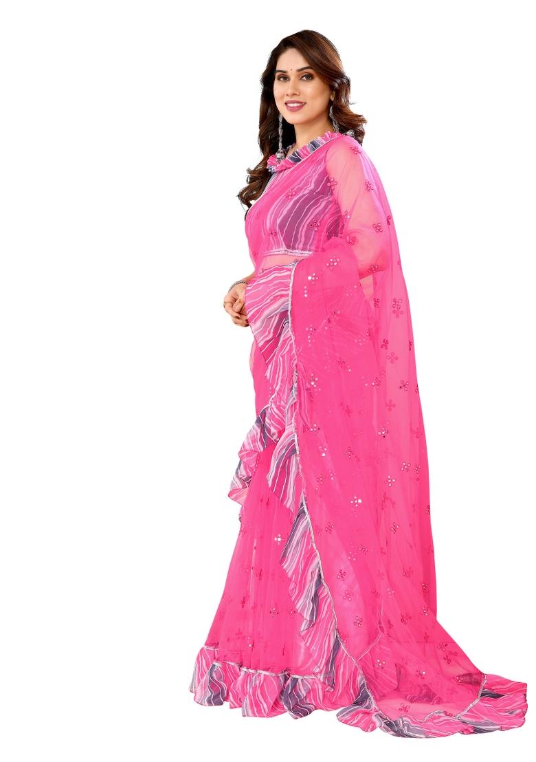Pink Mirror Work Net Saree Set With Blouse