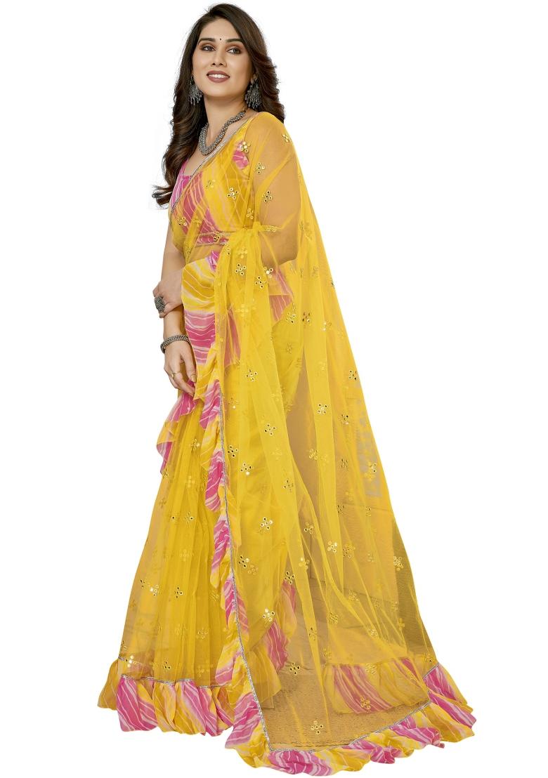 Yellow Mirror Work Net Saree Set With Blouse