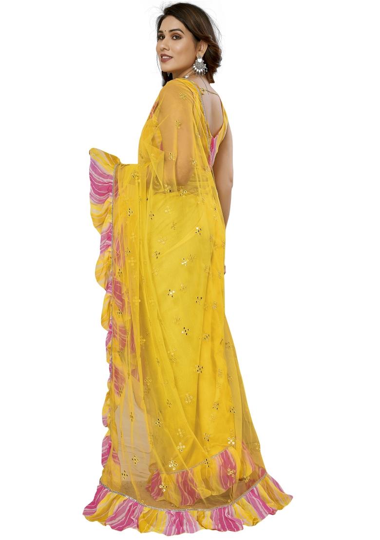 Yellow Mirror Work Net Saree Set With Blouse