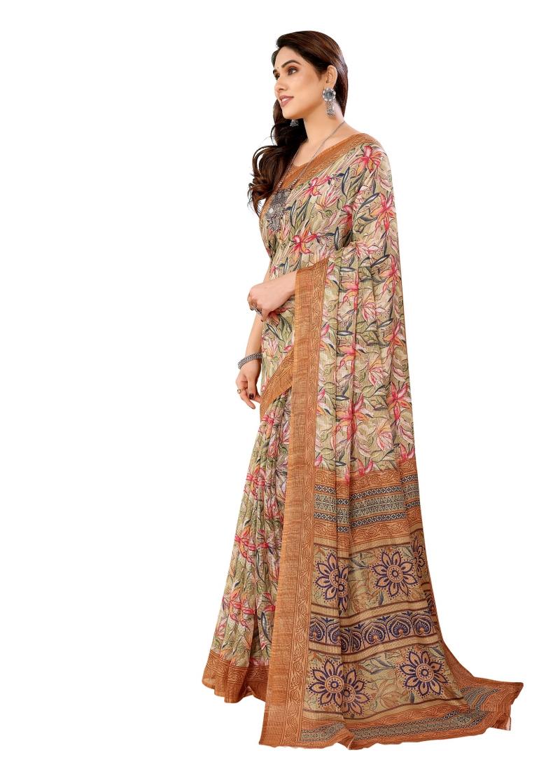 Coffee Brown Printed Kota Doriya Saree Set With Blouse