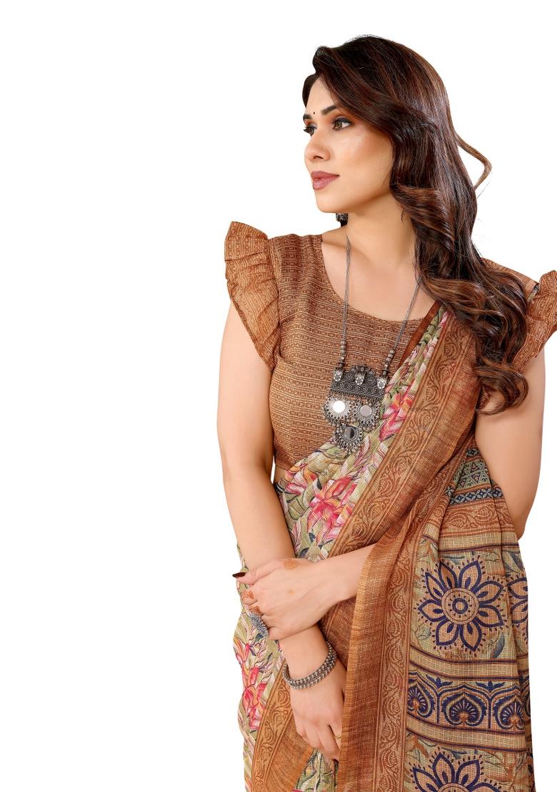 Coffee Brown Printed Kota Doriya Saree Set With Blouse