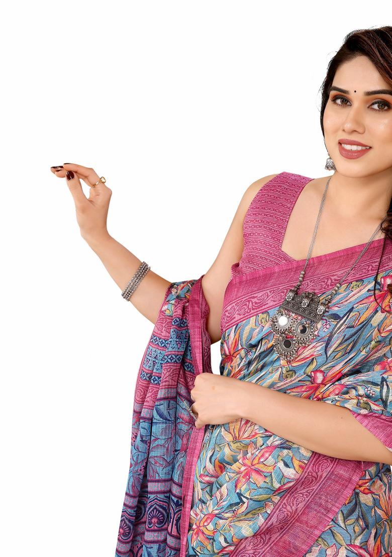 Pink Printed Kota Doriya Saree Set With Blouse