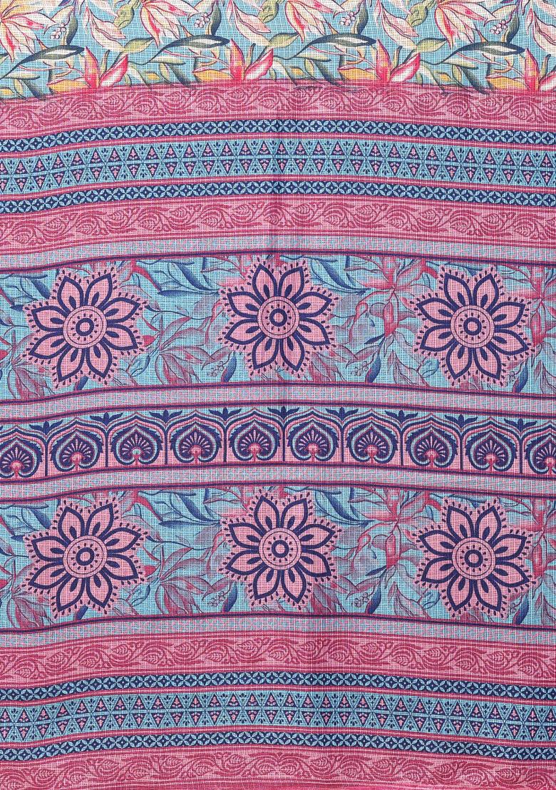 Pink Printed Kota Doriya Saree Set With Blouse