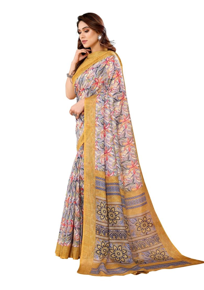 Yellow Printed Kota Doriya Saree Set With Blouse