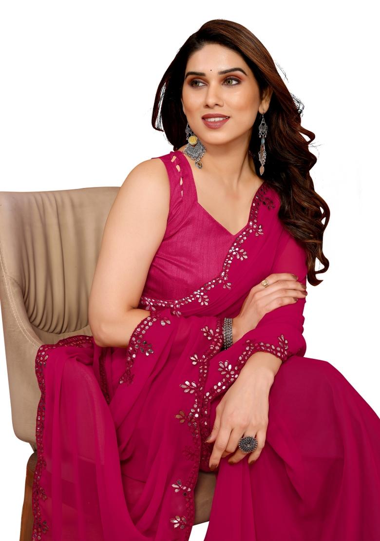 Pink Solid Georgette Saree Set With Blouse
