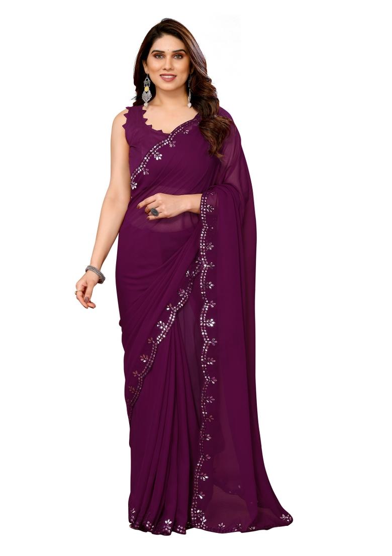 Purple Solid Georgette Saree Set With Blouse