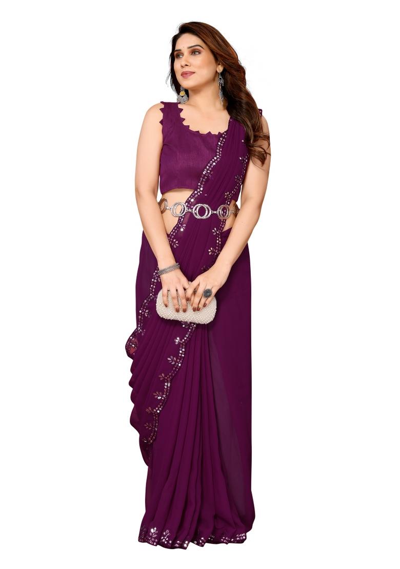 Purple Solid Georgette Saree Set With Blouse