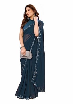 Rama Green Solid Georgette Saree Set With Blouse