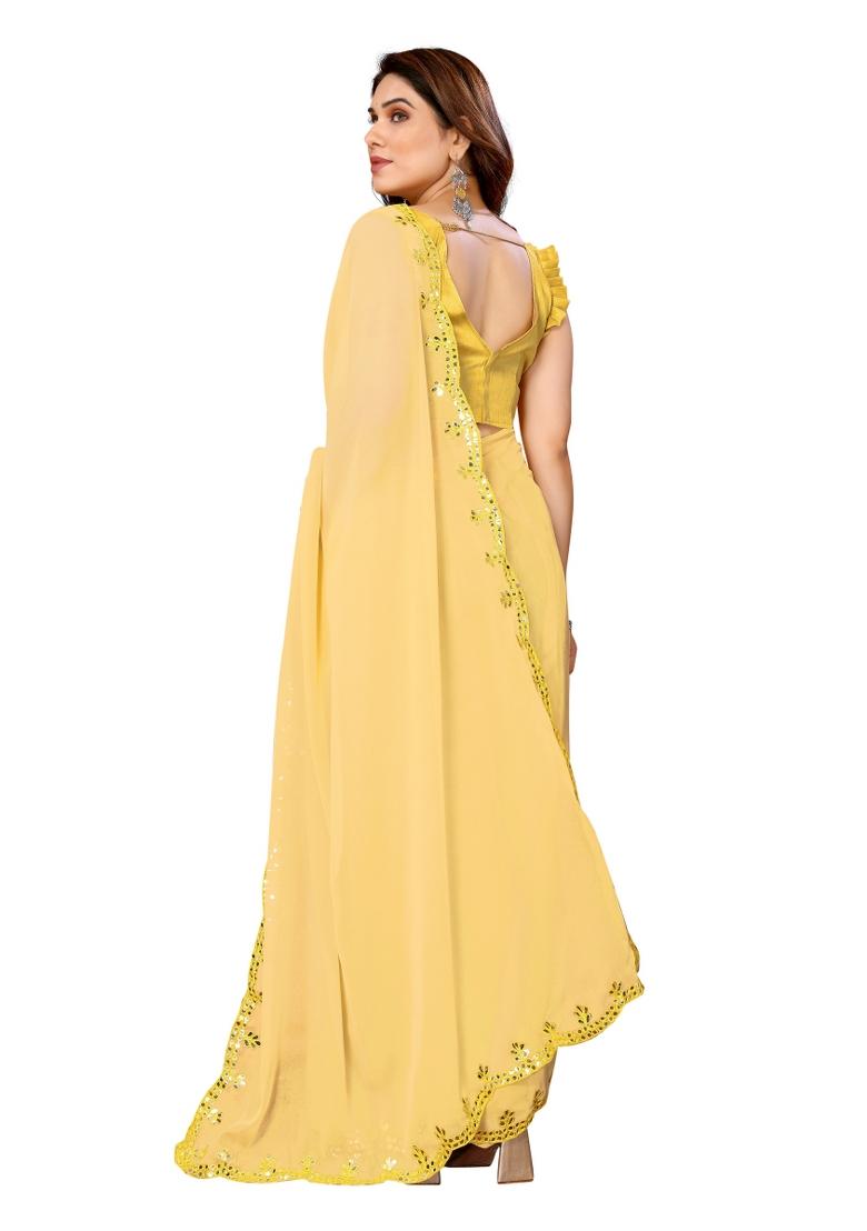Yellow Solid Georgette Saree Set With Blouse