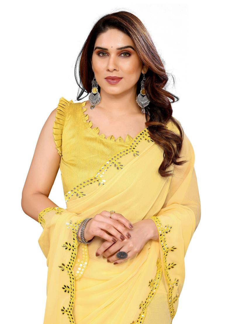 Yellow Solid Georgette Saree Set With Blouse