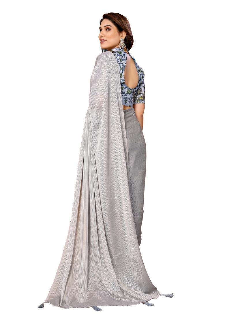 Grey Solid Polyester Saree Set With Blouse