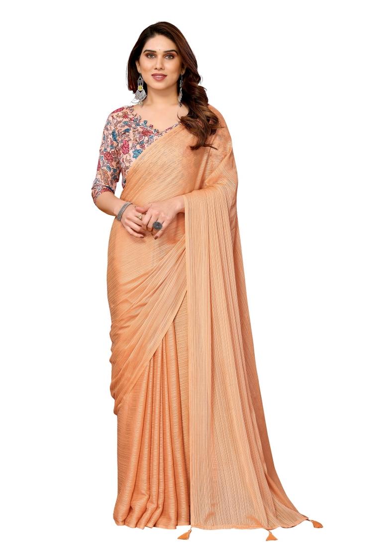 Orange Solid Polyester Saree Set With Blouse