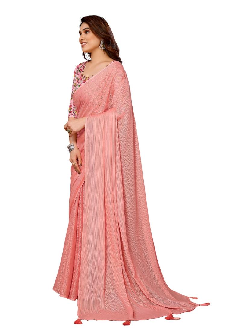 Peach Solid Polyester Saree Set With Blouse