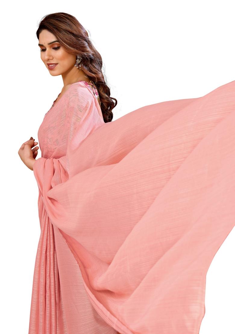 Peach Solid Polyester Saree Set With Blouse