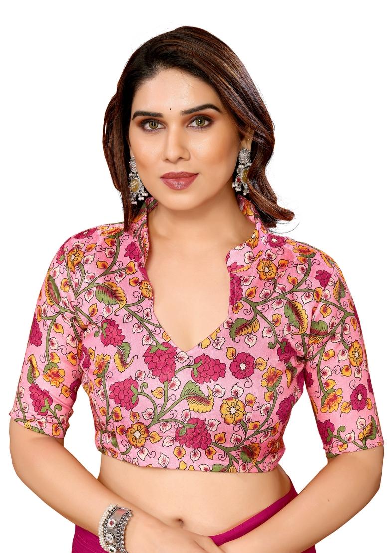 Pink Solid Polyester Saree Set With Blouse