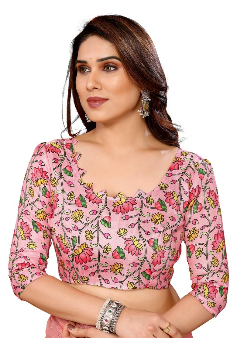 Pink Solid Polyester Saree Set With Blouse