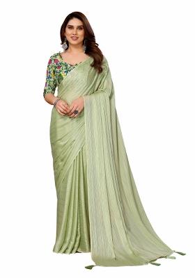Pista Green Solid Polyester Saree Set With Blouse