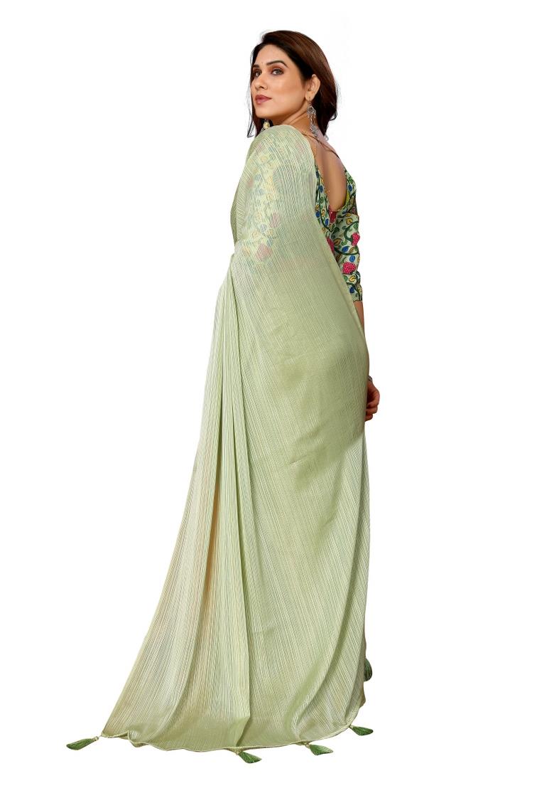 Pista Green Solid Polyester Saree Set With Blouse