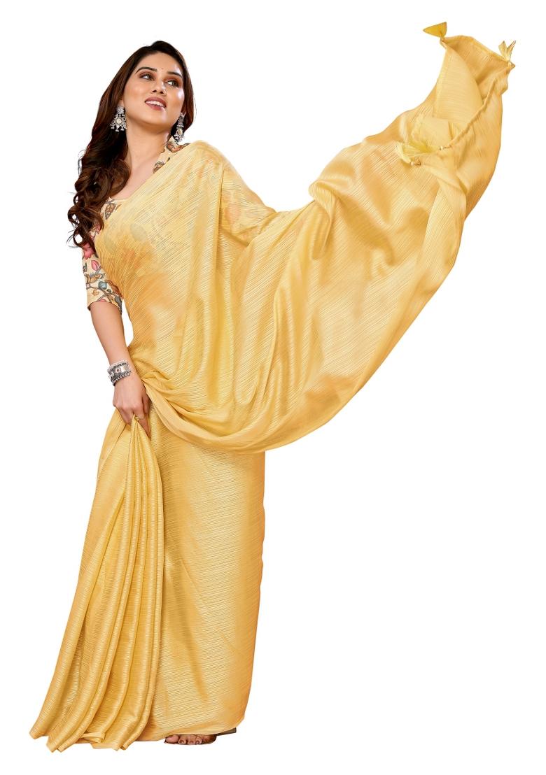 Yellow Solid Polyester Saree Set With Blouse