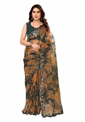 Green Printed Organza Saree Set With Blouse