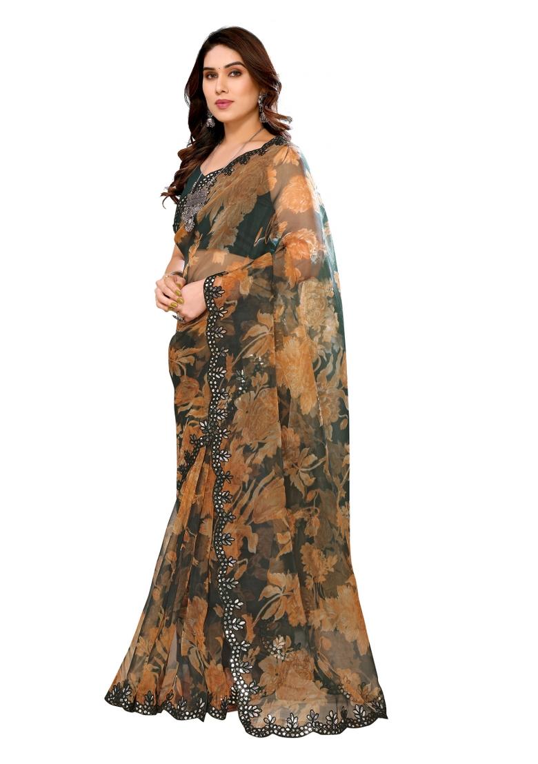 Green Printed Organza Saree Set With Blouse