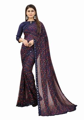 Blue Printed Georgette Saree Set With Blouse