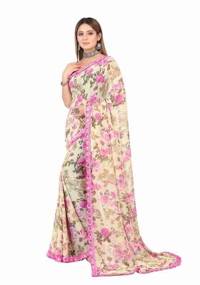 Beige Printed Georgette Saree Set With Blouse