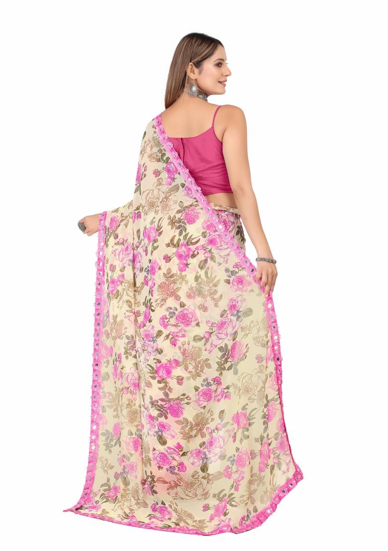 Beige Printed Georgette Saree Set With Blouse