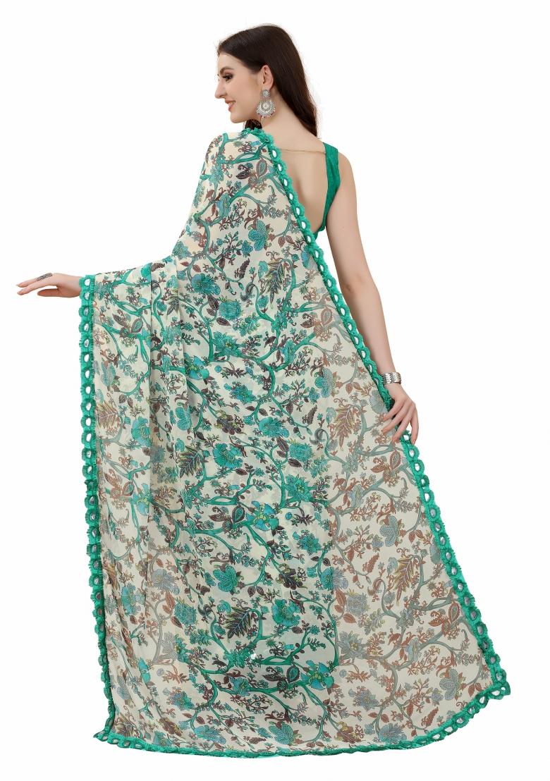 Rama Green Printed Georgette Saree Set With Blouse