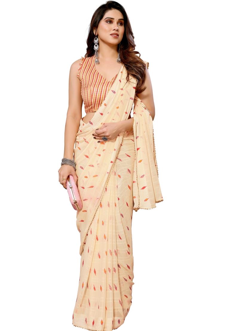 Cream Printed Georgette Saree Set With Blouse