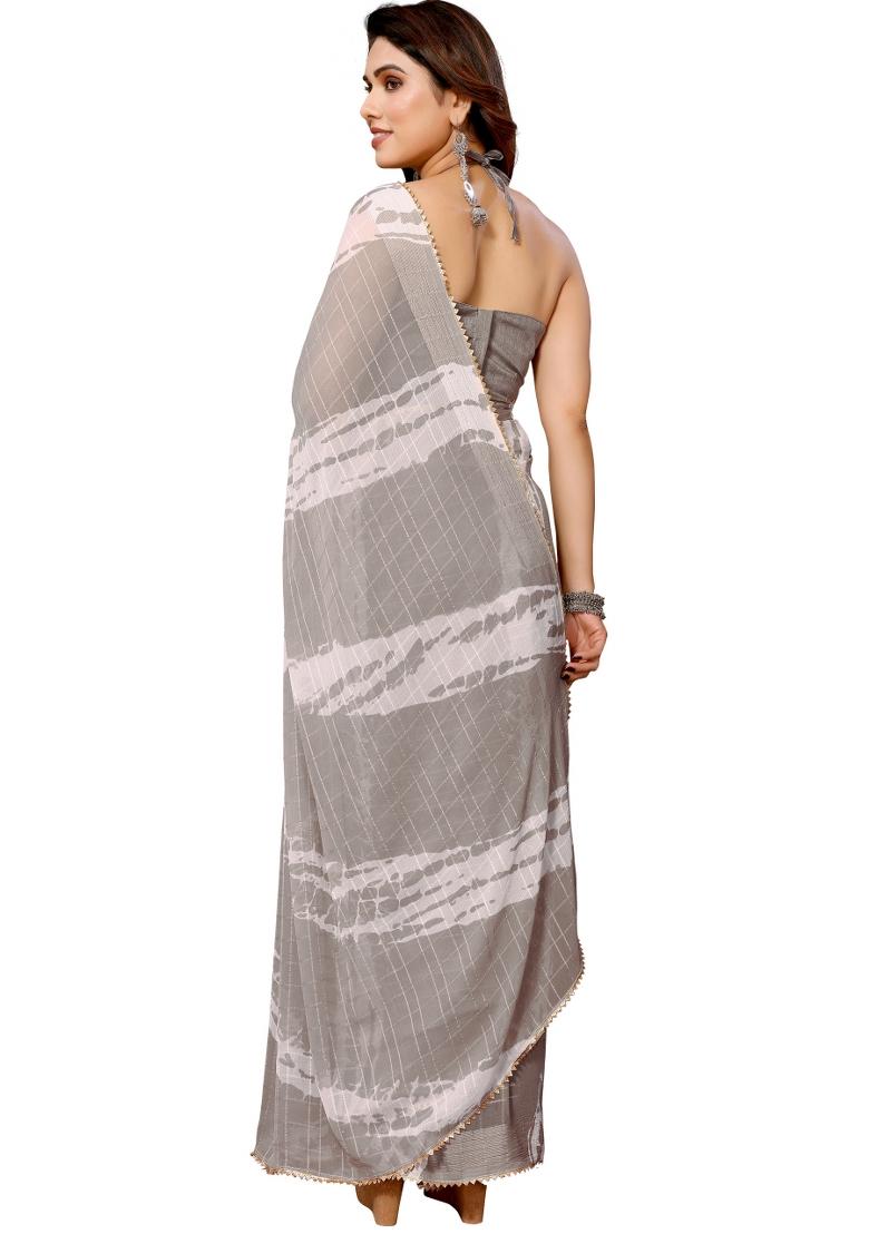Grey Printed Georgette Saree Set With Blouse