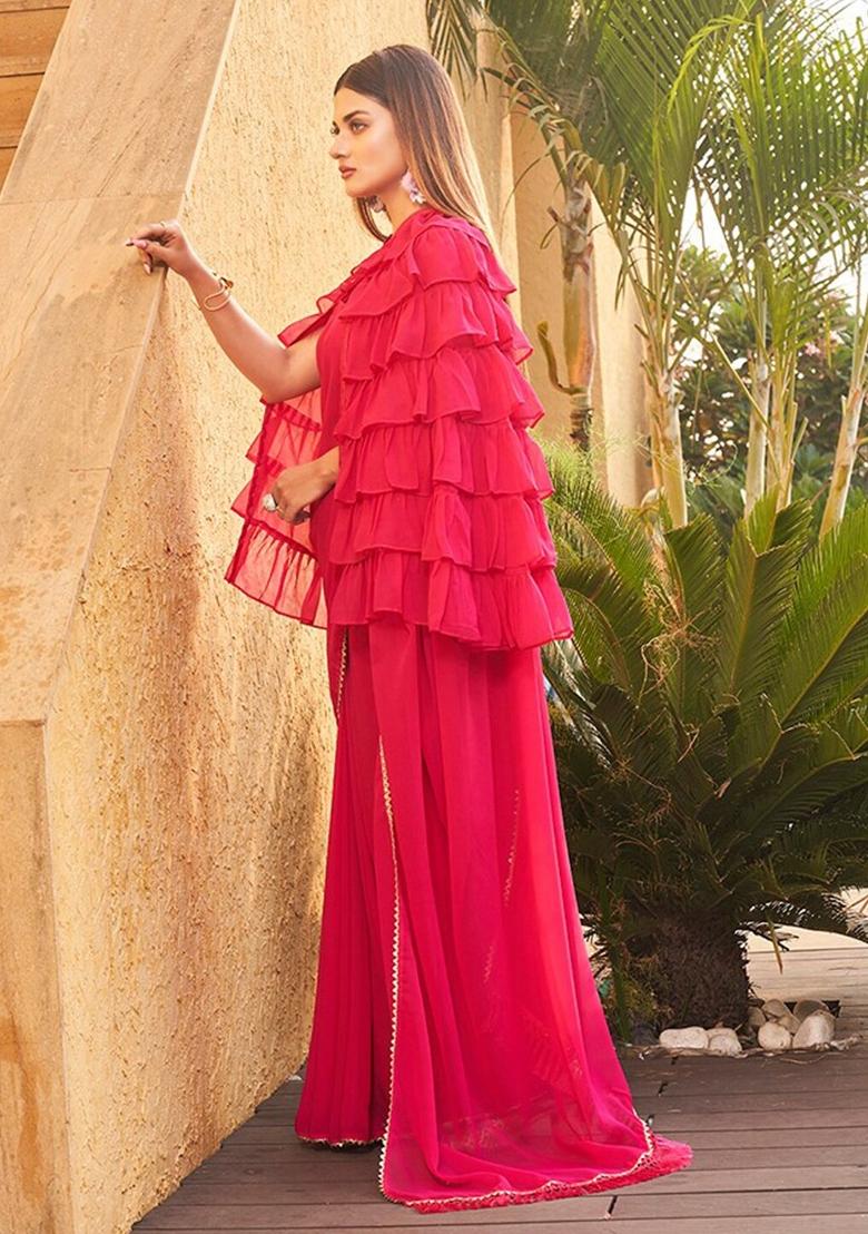 Red Solid Georgette Saree Set With Blouse