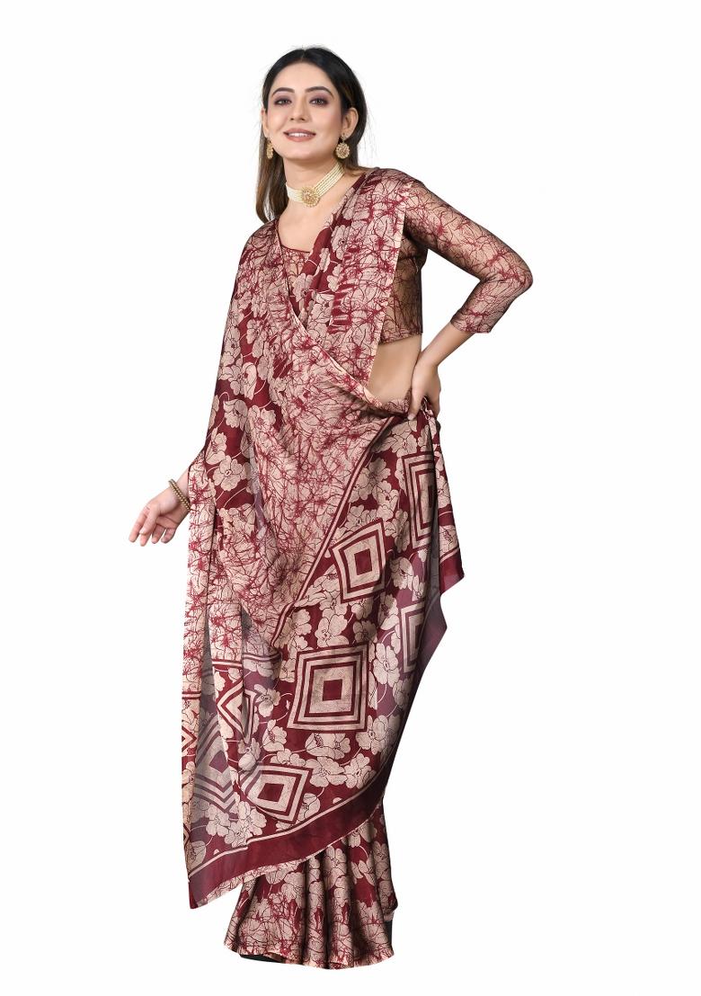 Maroon Printed Chiffon Saree Set With Blouse