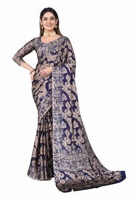 Navy Blue Printed Chiffon Saree Set With Blouse