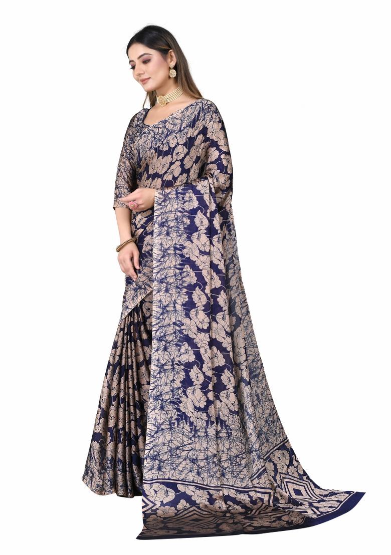 Navy Blue Printed Chiffon Saree Set With Blouse