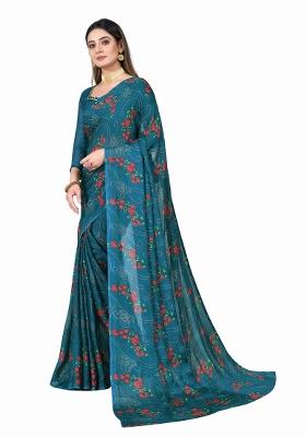 Rama Green Printed Chiffon Saree Set With Blouse