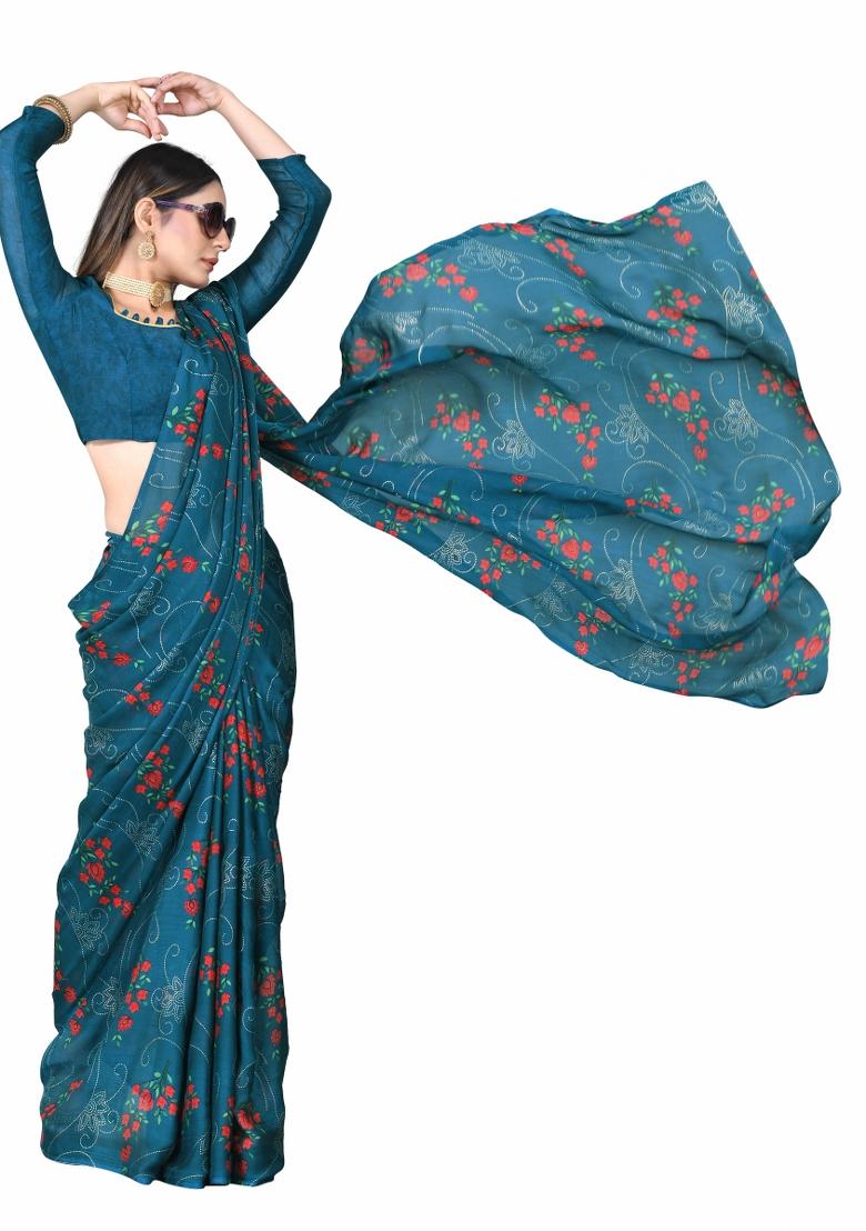 Rama Green Printed Chiffon Saree Set With Blouse