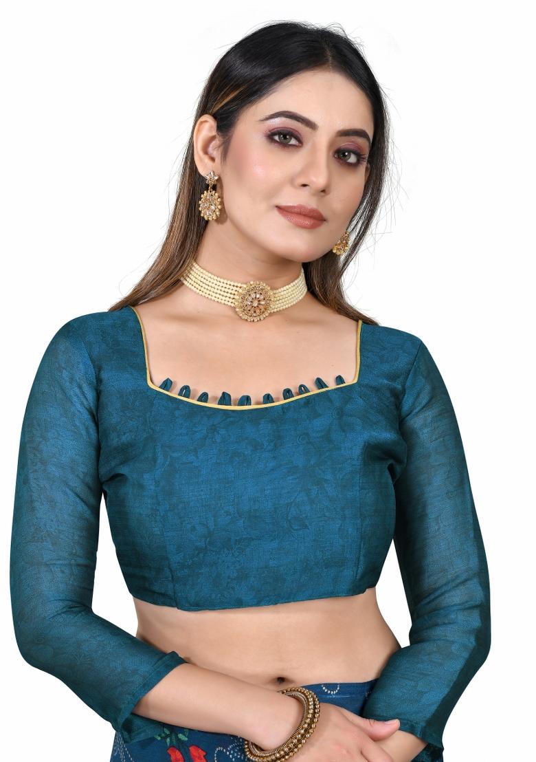 Rama Green Printed Chiffon Saree Set With Blouse