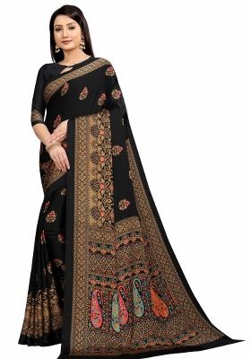 Black Printed Japan Crepe Saree Set With Blouse