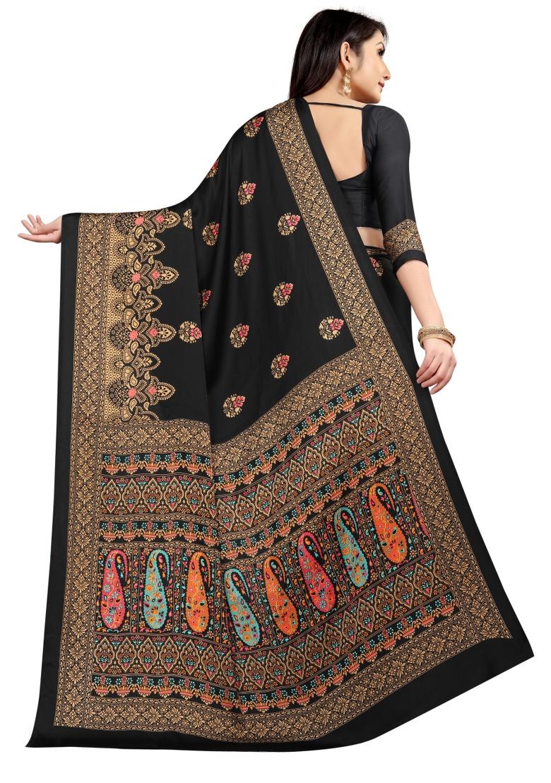 Black Printed Japan Crepe Saree Set With Blouse