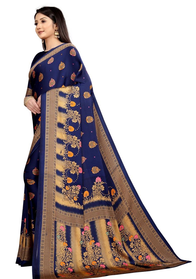 Blue Printed Japan Crepe Saree Set With Blouse