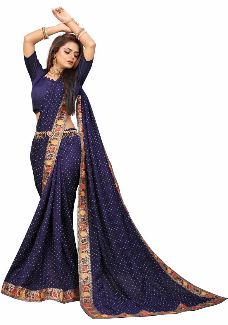 Blue Printed Cotton Saree Set With Blouse