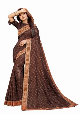 Brown Printed Cotton Saree Set With Blouse