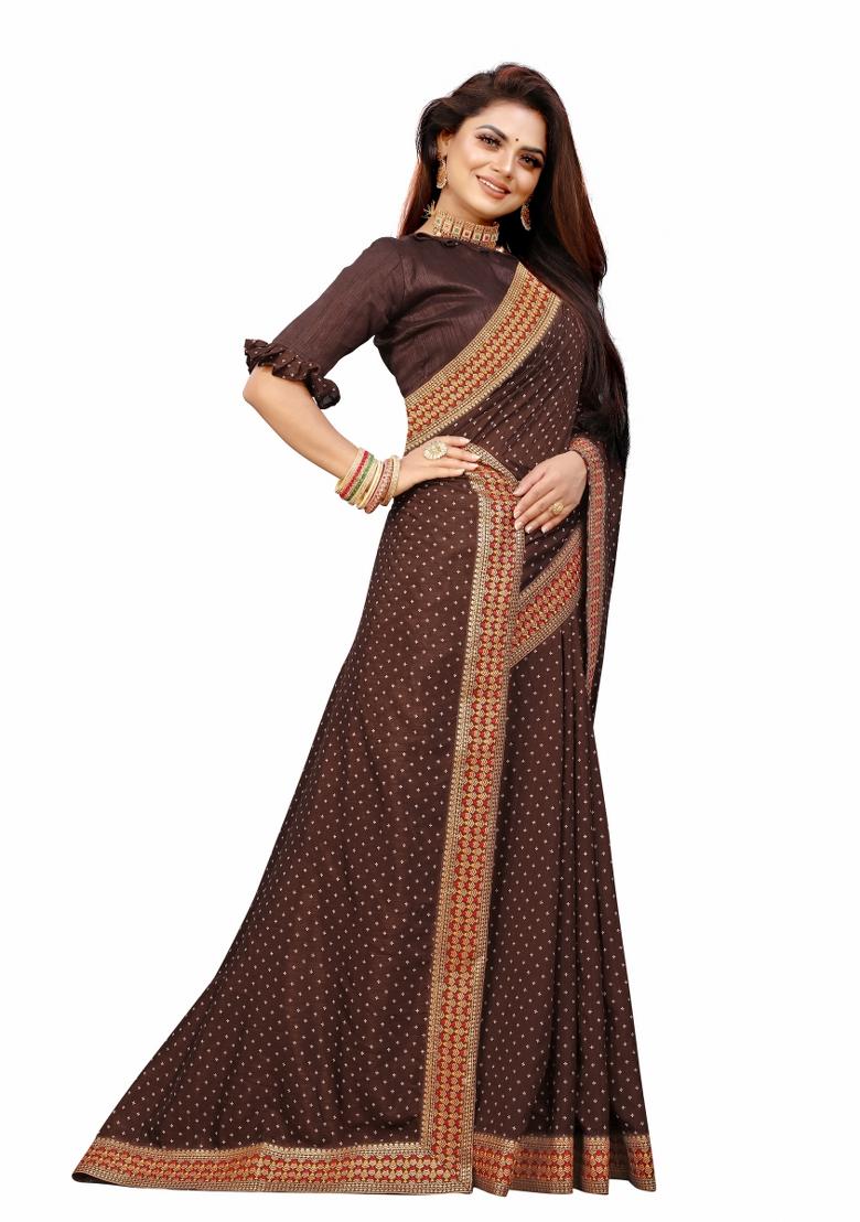 Brown Printed Cotton Saree Set With Blouse