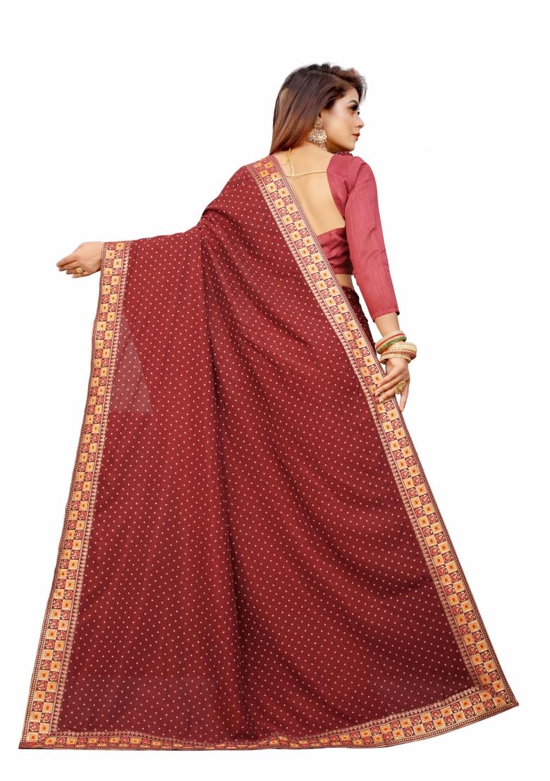 Maroon Printed Cotton Saree Set With Blouse