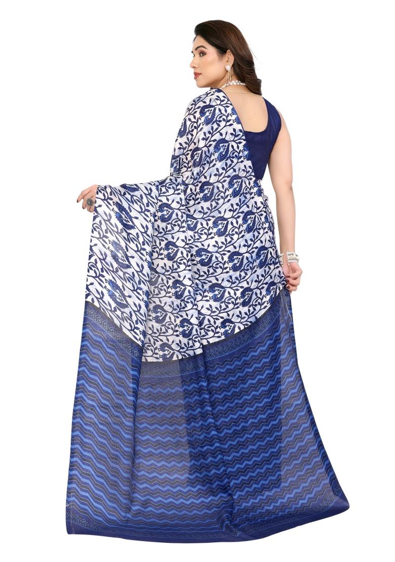 Blue Printed Khadi Saree Set With Blouse