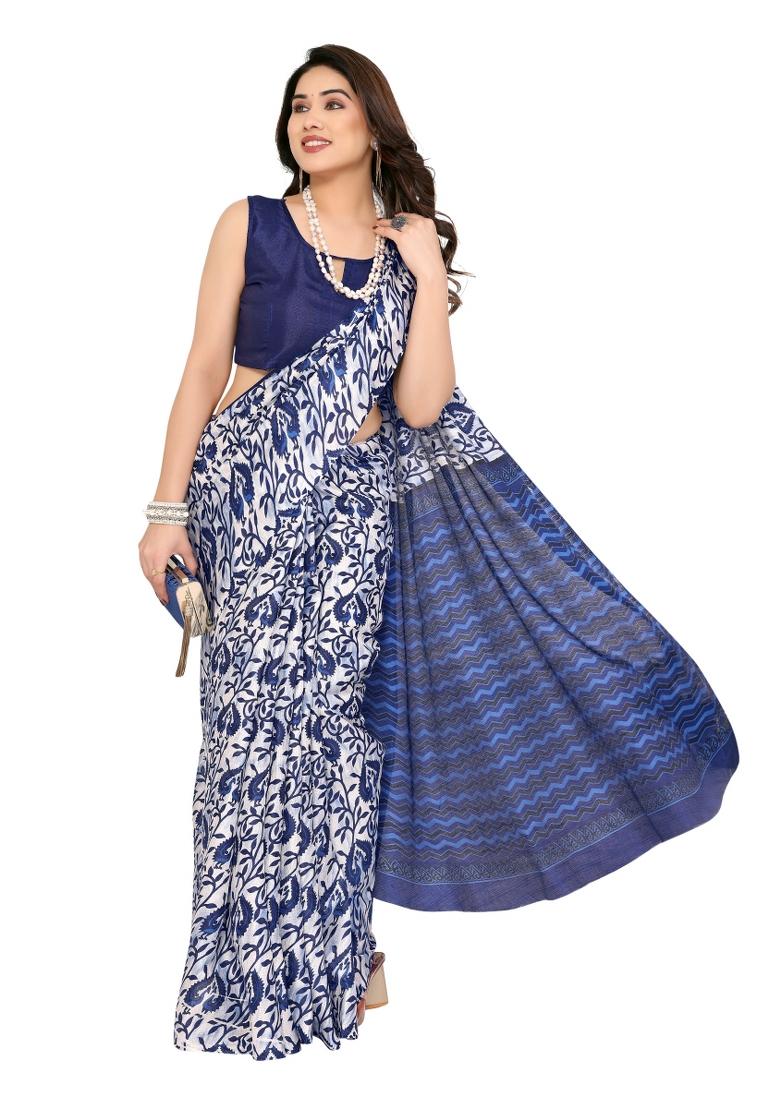 Blue Printed Khadi Saree Set With Blouse