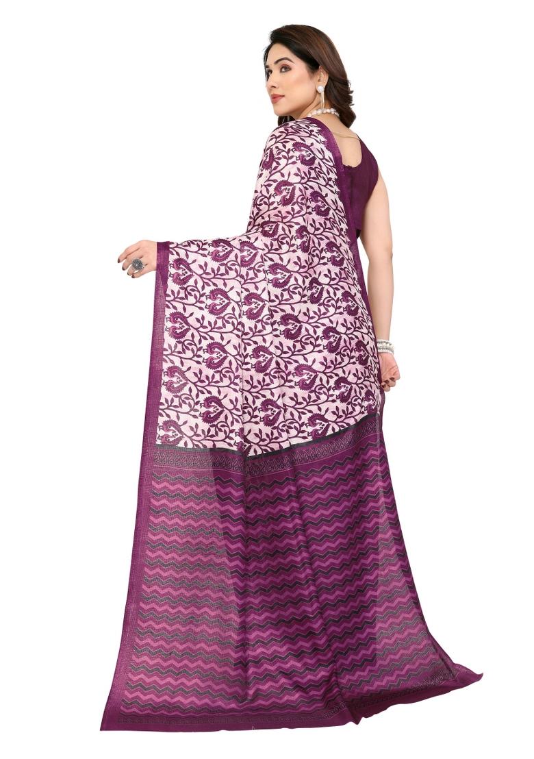 Purple Printed Khadi Saree Set With Blouse