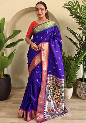Royal Blue Embroidered Pure Soft Silk Saree Set With Blouse
