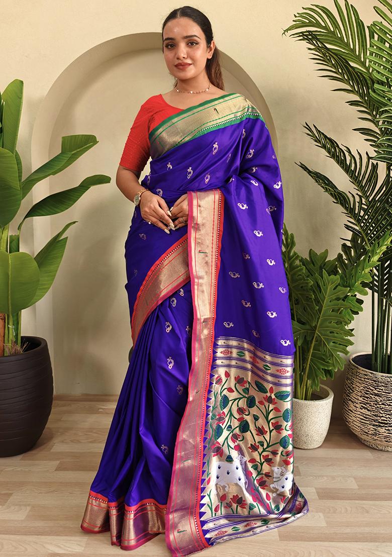 Royal Blue Embroidered Pure Soft Silk Saree Set With Blouse